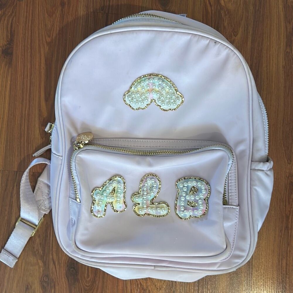 Stoney Clover Lane light pink backpack pearl rainbow patch monogram ALB